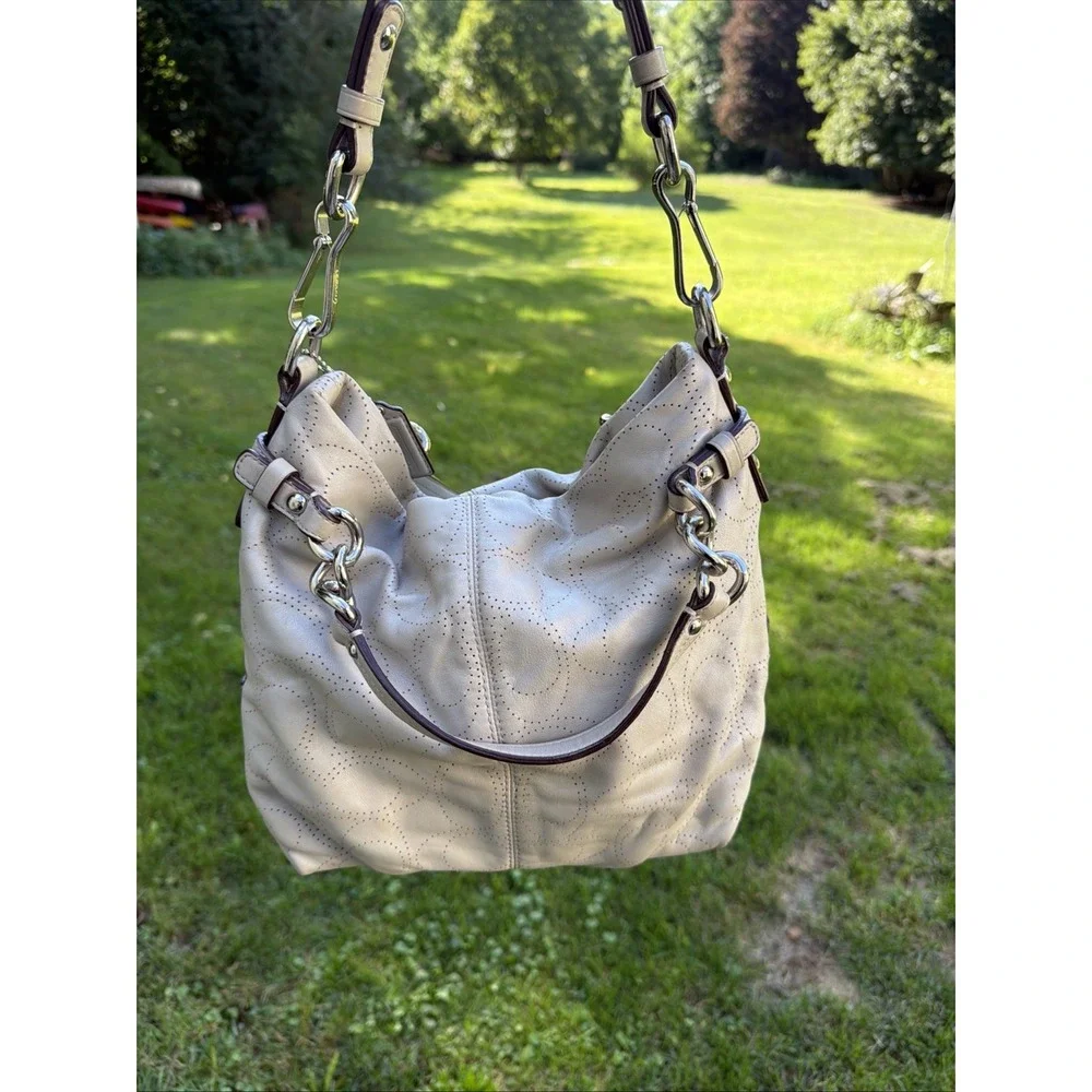 COACH Brooke Dove Gray Leather Perforated Signature Hobo Purse Boho